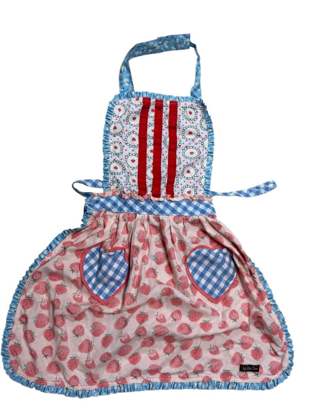 Matilda Jane Patchwork Pink Strawberry Print Blue Ruffle Trim Apron Girls